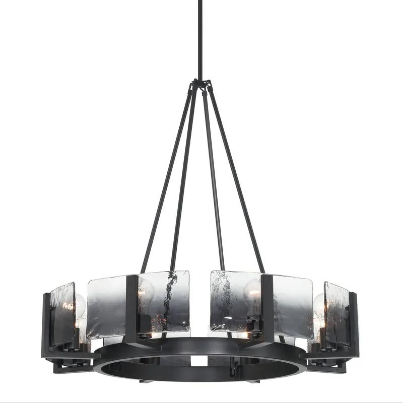 Aenon 8-Light Chandelier in Matte Black with Smokey Water Glass — Golden Lighting LED Pendant Lights  