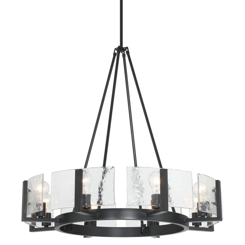 Aenon 8-Light Chandelier in Matte Black with Hammered Water Glass — Golden Lighting LED Pendant Lights  