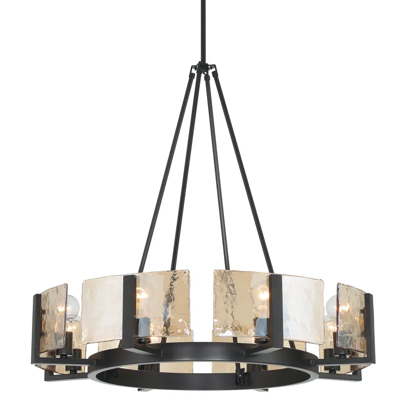 Aenon 8-Light Chandelier in Matte Black with Amber Water Glass — Golden Lighting LED Pendant Lights  