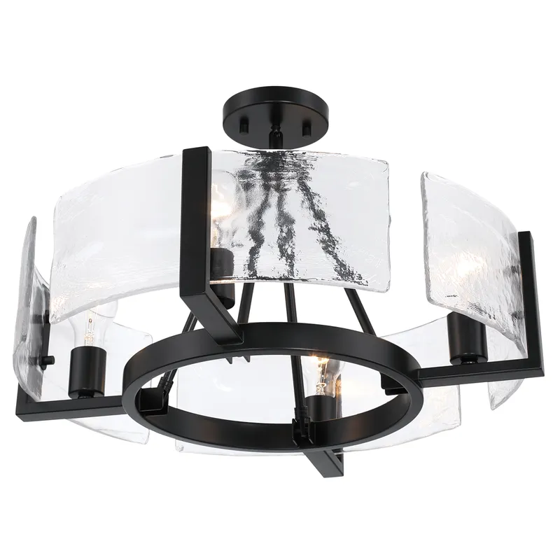 Aenon 4-light Semi-Flush Mount in Matte Black with Hammered Water Glass — Golden Lighting LED Pendant Lights  