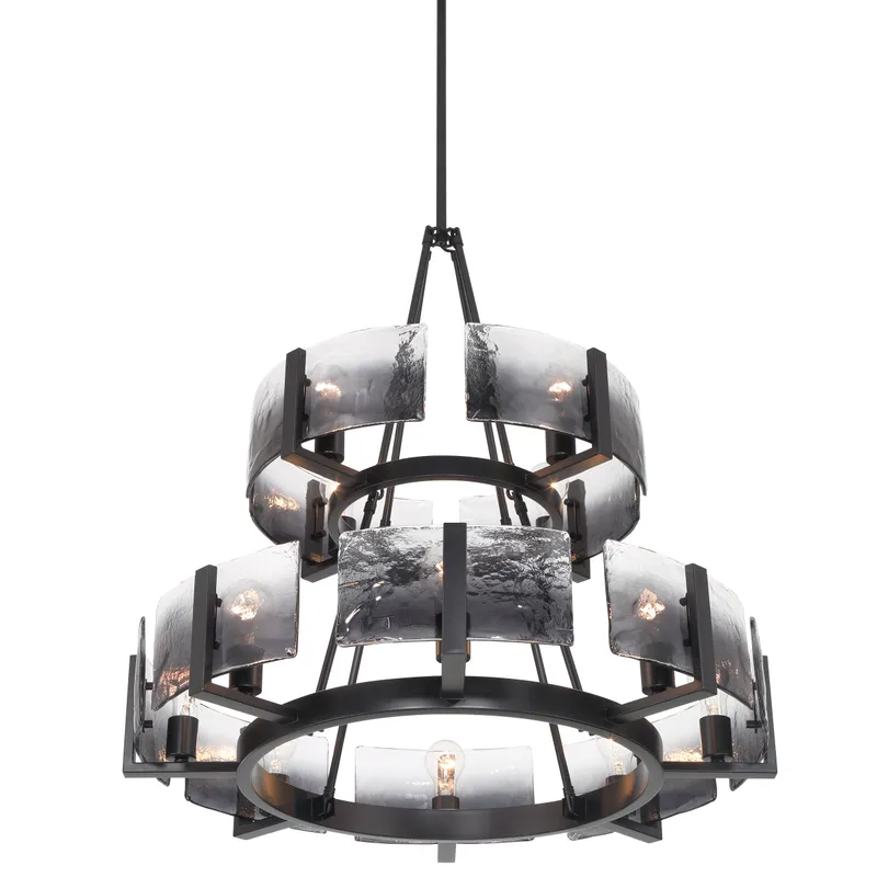 Aenon 12-light 2-tier Chandelier (4+8) in Matte Black with Smokey Water Glass — Golden Lighting LED Pendant Lights  