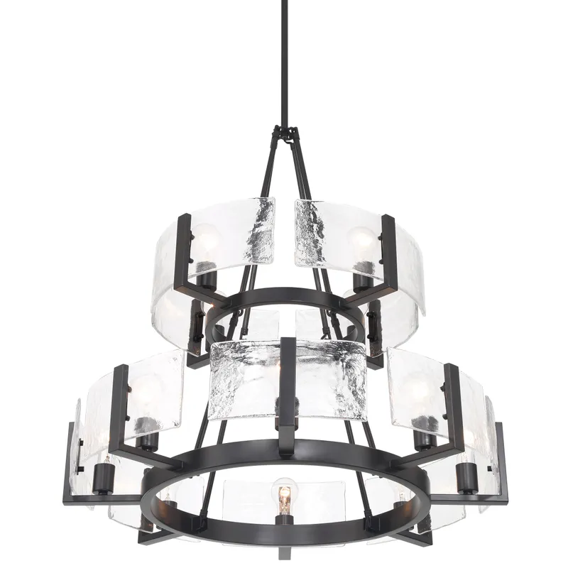 Aenon 12-light 2-tier Chandelier (4+8) in Matte Black with Hammered Water Glass — Golden Lighting LED Pendant Lights  