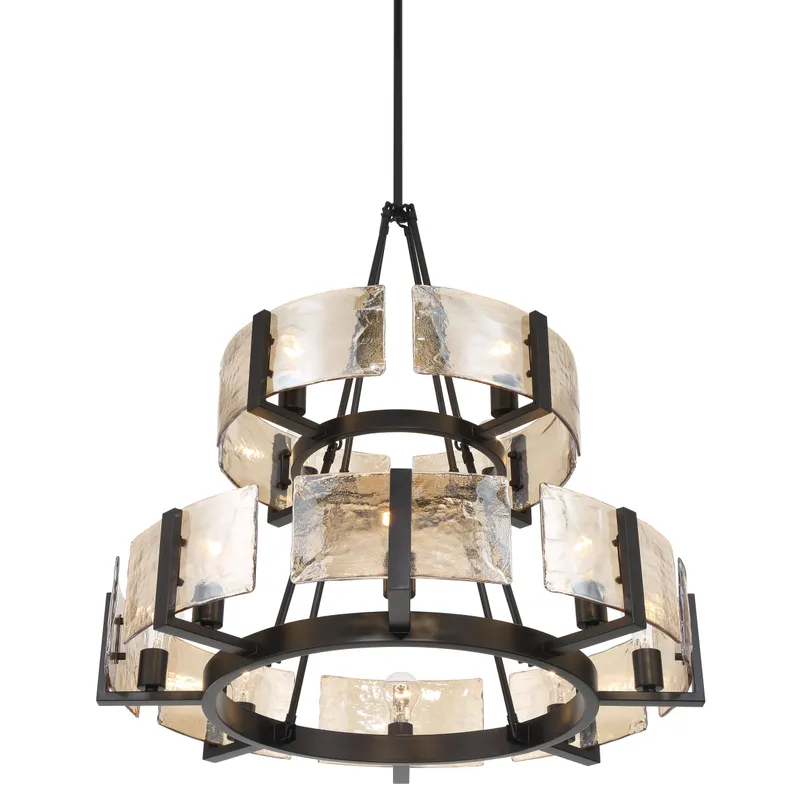 Aenon 12-light 2-tier Chandelier (4+8) in Matte Black with Amber Water Glass — Golden Lighting LED Pendant Lights  