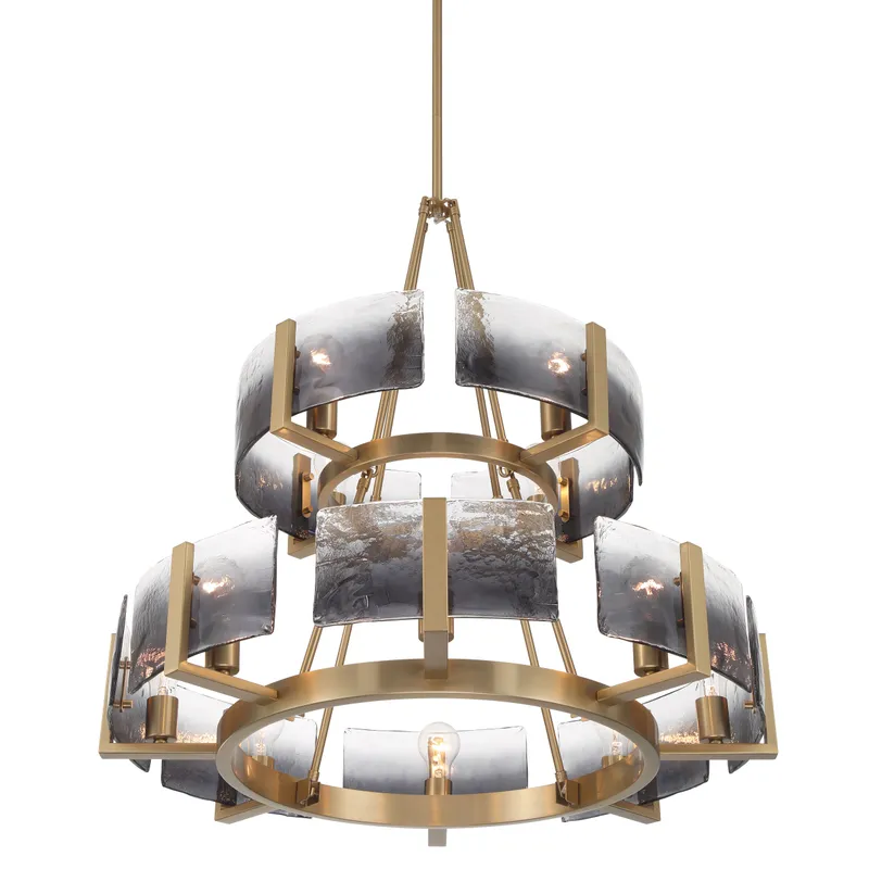 Aenon 12-light 2-tier Chandelier (4+8) in Brushed Champagne Brass with Smokey Water Glass — Golden Lighting LED Pendant Lights  