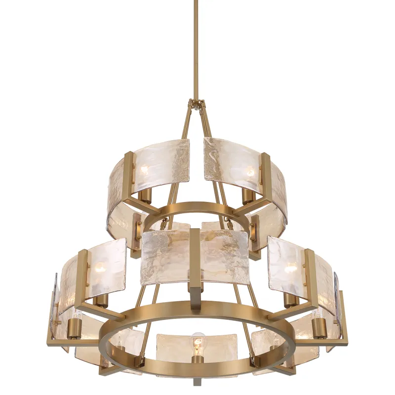 Aenon 12-light 2-tier Chandelier (4+8) in Brushed Champagne Brass with Amber Water Glass — Golden Lighting LED Pendant Lights  