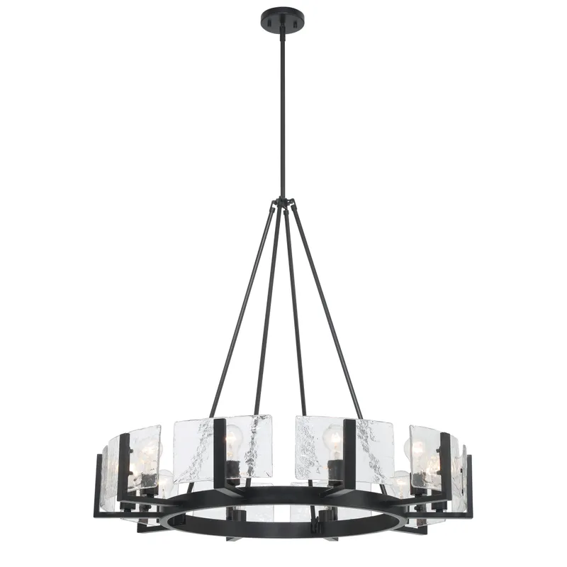 Aenon 10-light Chandelier in Matte Black with Hammered Water Glass — Golden Lighting LED Pendant Lights  