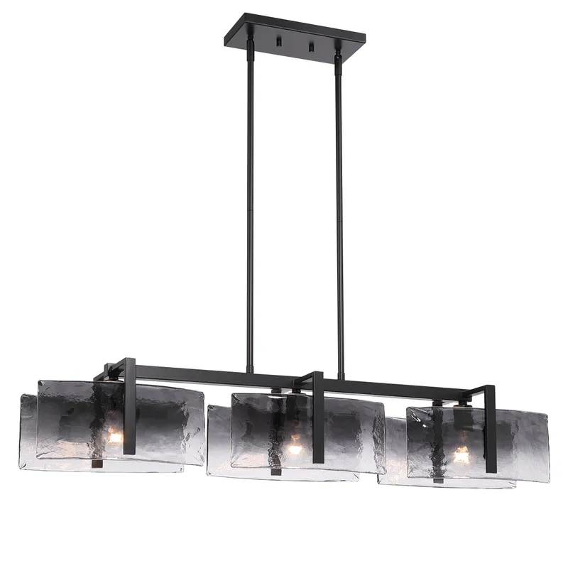 Aenon 3-light Island Light in Matte Black with Smokey Water Glass — Golden Lighting LED Pendant Lights  