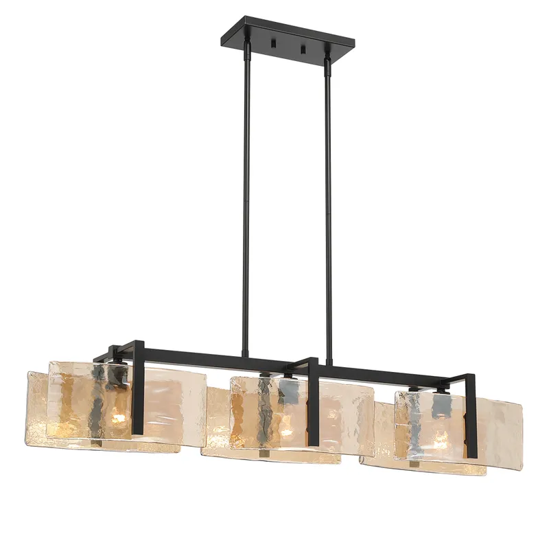 Aenon 3-light Island Light in Matte Black with Amber Water Glass — Golden Lighting LED Pendant Lights  