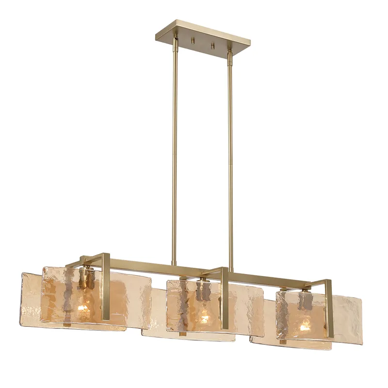 Aenon 3-light Island Light in Brushed Champagne Brass with Amber Water Glass — Golden Lighting LED Pendant Lights  