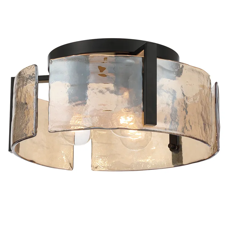 Aenon 3-light Flush Mount in Matte Black with Amber Water Glass — Golden Lighting LED Ceiling Lights  