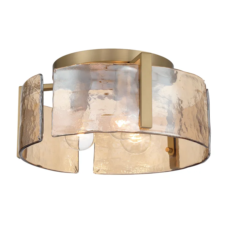 Aenon 3-light Flush Mount in Brushed Champagne Brass with Amber Water Glass — Golden Lighting LED Ceiling Lights  