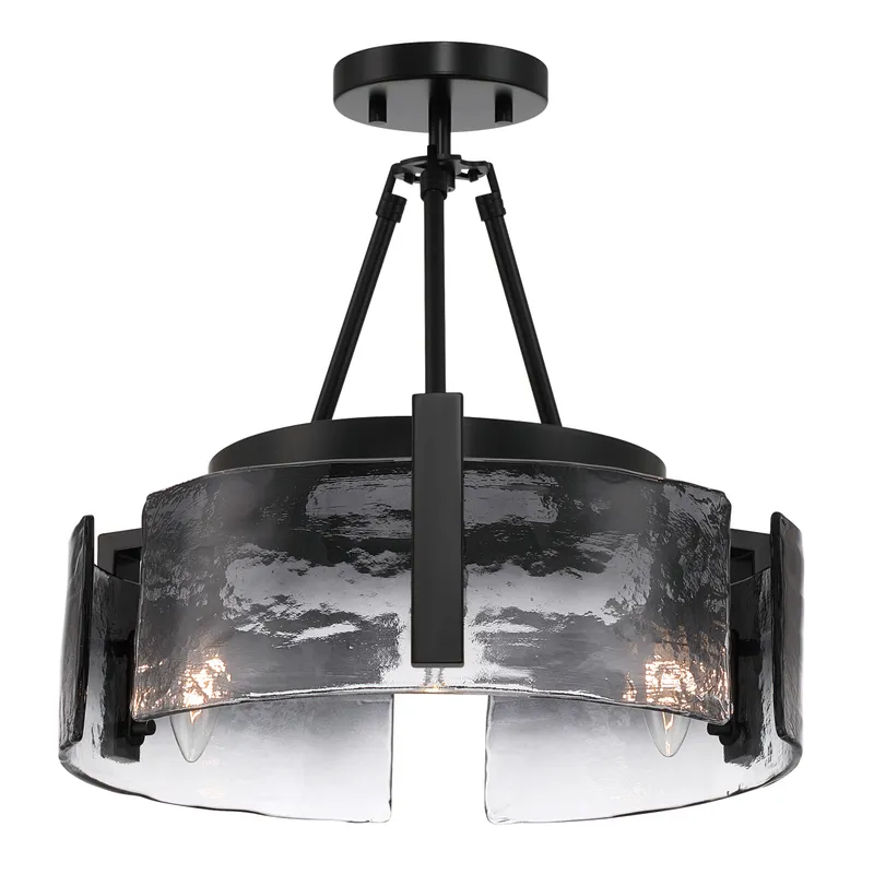 Aenon 3-light Semi-Flush Mount in Matte Black with Smokey Water Glass — Golden Lighting LED Pendant Lights  