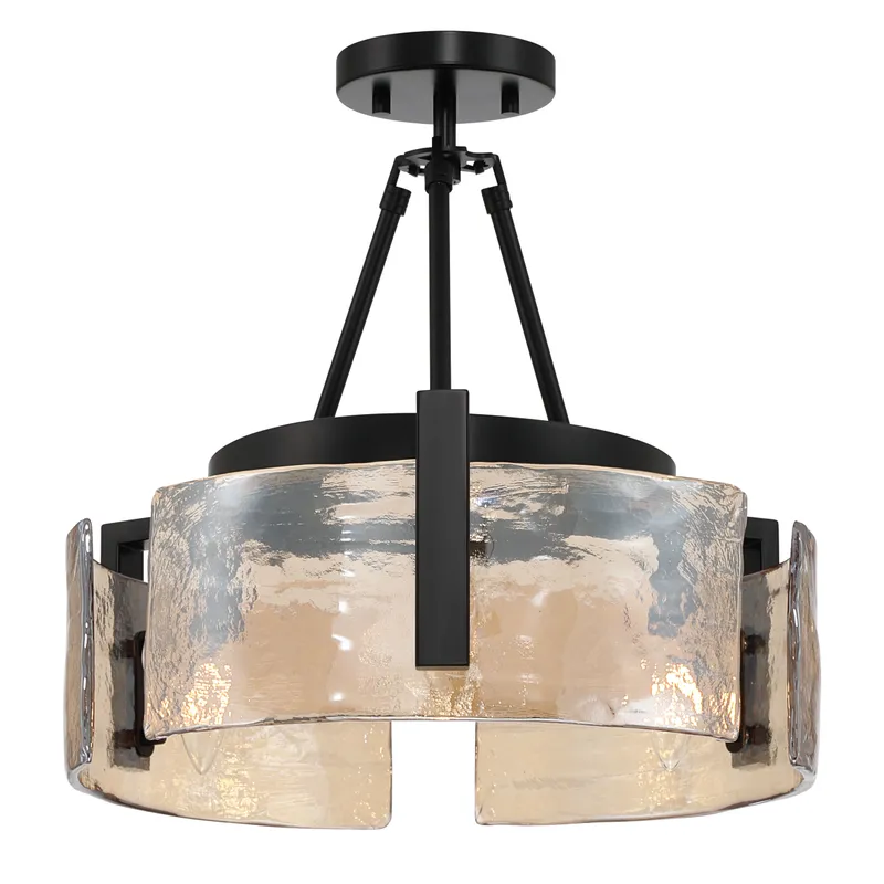 Aenon 3-light Semi-Flush Mount in Matte Black with Amber Water Glass — Golden Lighting LED Pendant Lights  