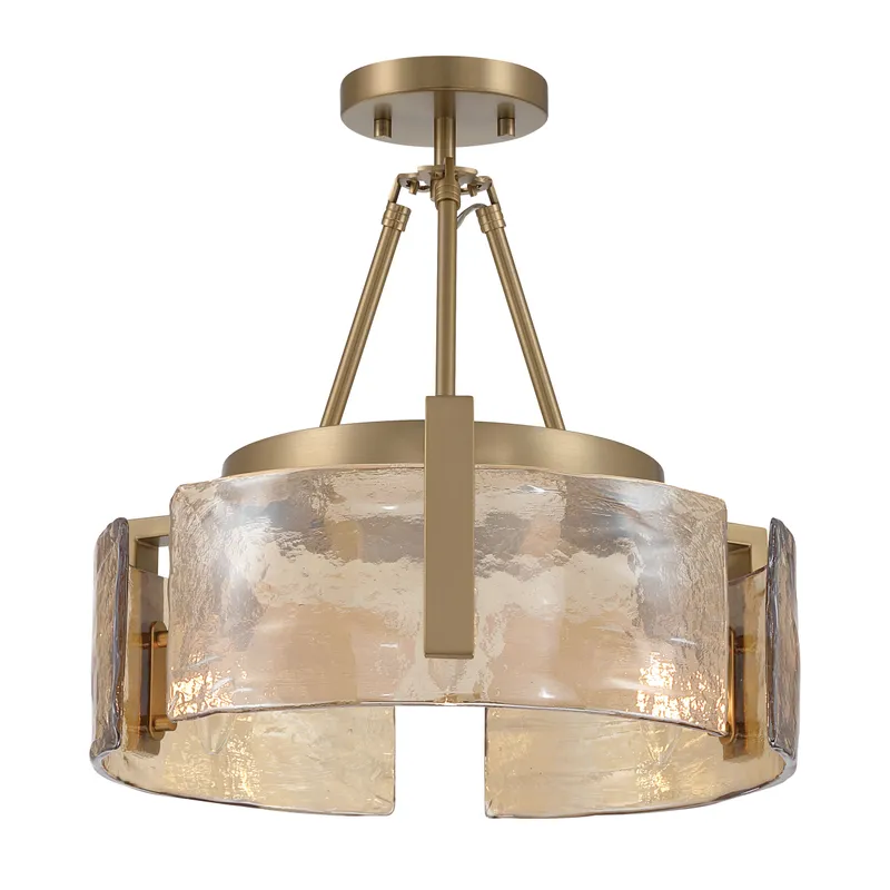 Aenon 3-light Semi-Flush Mount in Brushed Champagne Brass with Amber Water Glass — Golden Lighting LED Pendant Lights  