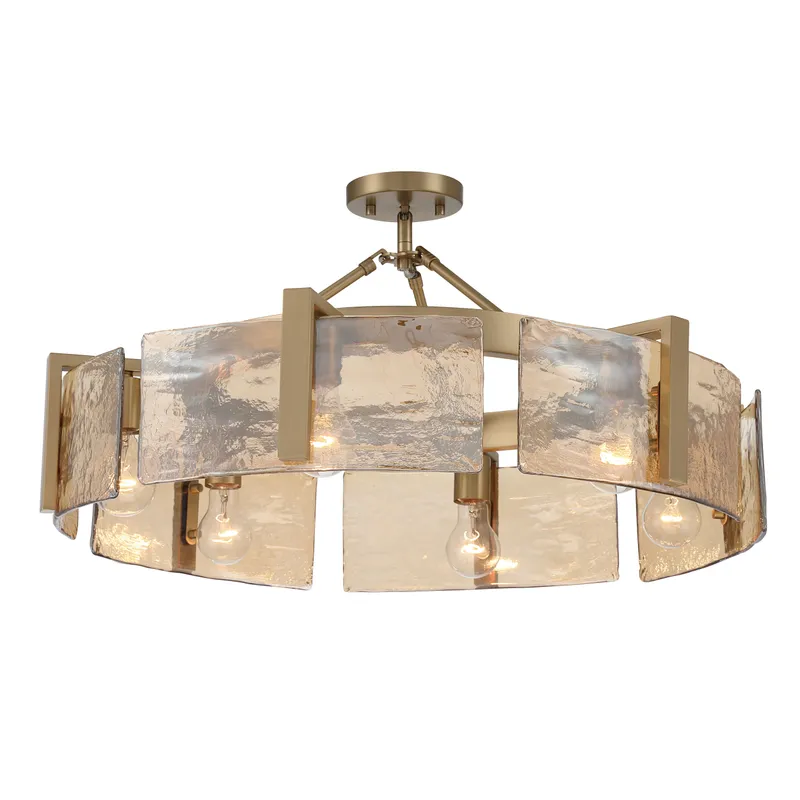 Aenon 6-light Semi-Flush Mount in Brushed Champagne Brass with Amber Water Glass — Golden Lighting LED Pendant Lights  