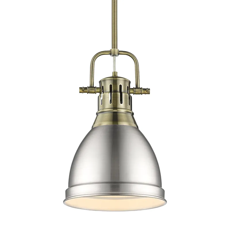 Yep by Golden Lighting Duncan 1-light 9in Rod Hung Pendant in Aged Brass and Pewter shade — Golden Lighting LED Pendant Lights  