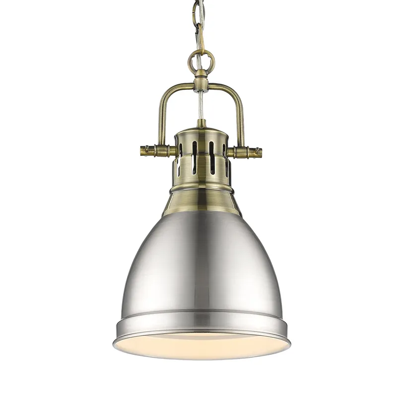 Yep by Golden Lighting Duncan 1-light 9in Chain Hung Pendant in Aged Brass and Pewter shade — Golden Lighting LED Pendant Lights  
