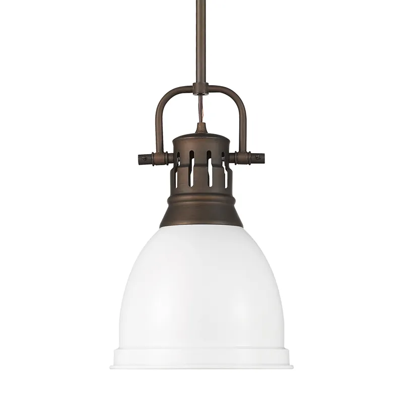 Yep by Golden Lighting Duncan 1-light 9in Rod Hung Pendant in Rubbed Bronze and Matte White shade — Golden Lighting LED Pendant Lights  