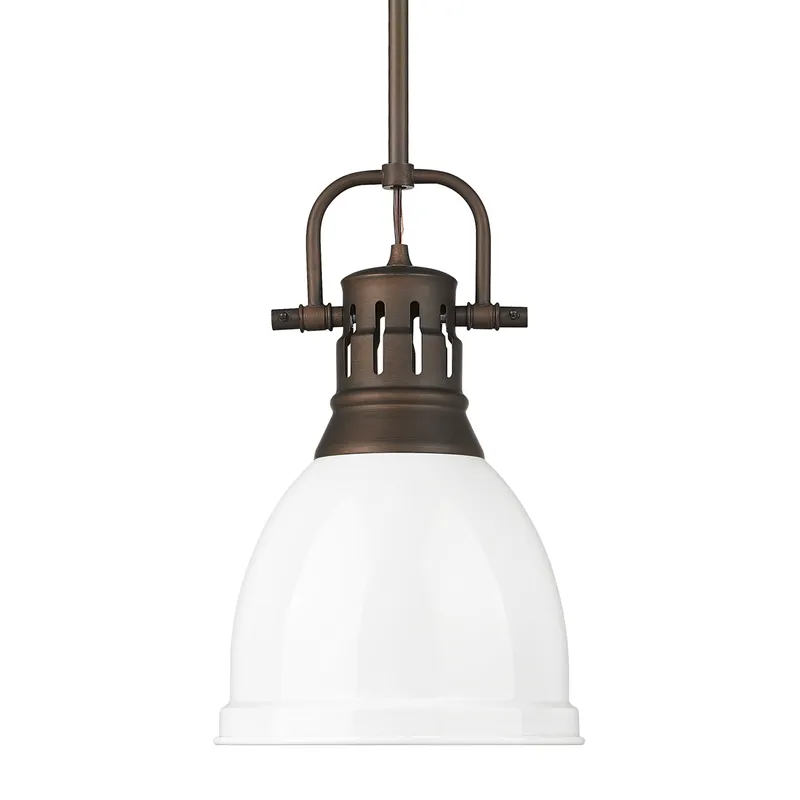 Yep by Golden Lighting Duncan 1-light 9in Rod Hung Pendant in Rubbed Bronze and White shade — Golden Lighting LED Pendant Lights  