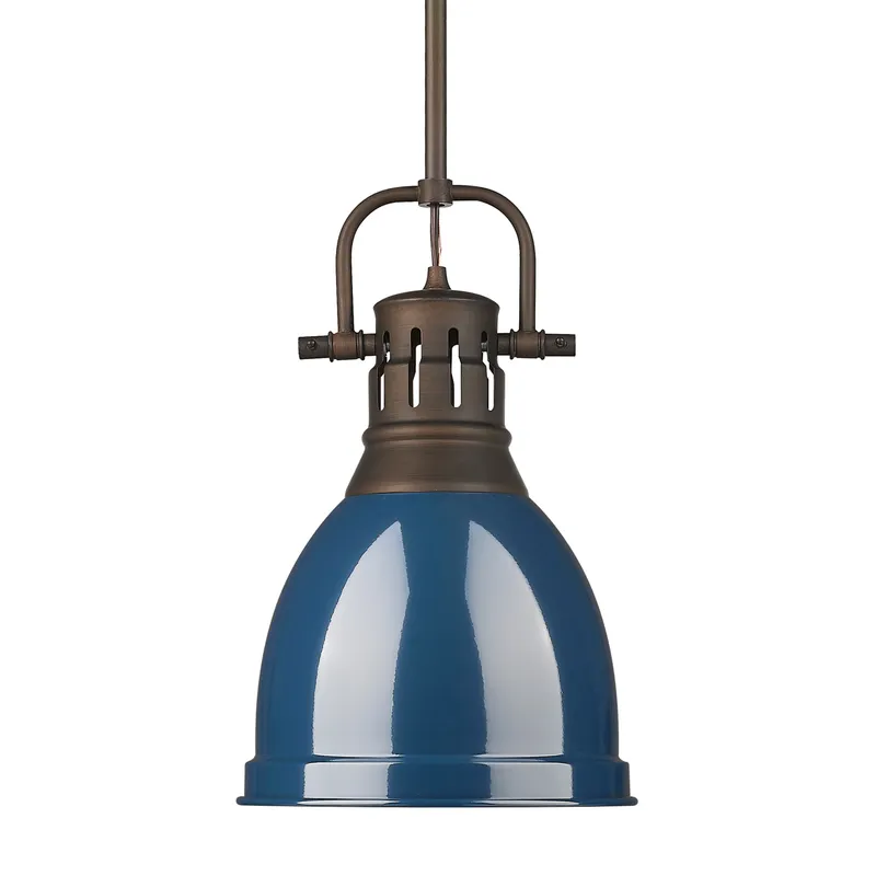 Yep by Golden Lighting Duncan 1-light 9in Rod Hung Pendant in Rubbed Bronze and Navy Blue shade — Golden Lighting LED Pendant Lights  