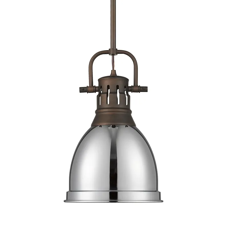 Yep by Golden Lighting Duncan 1-light 9in Rod Hung Pendant in Rubbed Bronze and Chrome shade — Golden Lighting LED Pendant Lights  