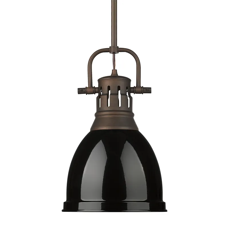 Yep by Golden Lighting Duncan 1-light 9in Rod Hung Pendant in Rubbed Bronze and Black shade — Golden Lighting LED Pendant Lights  