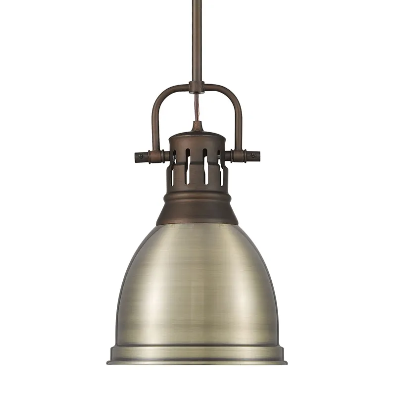 Yep by Golden Lighting Duncan 1-light 9in Rod Hung Pendant in Rubbed Bronze and Aged Brass shade — Golden Lighting LED Pendant Lights  