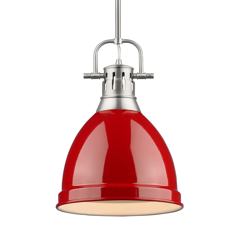 Yep by Golden Lighting Duncan 1-light 9in Rod Hung Pendant in Pewter and Red shade — Golden Lighting LED Pendant Lights  