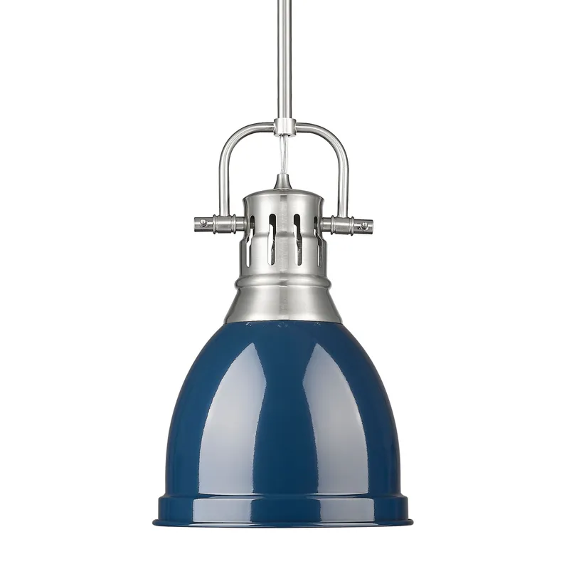 Yep by Golden Lighting Duncan 1-light 9in Rod Hung Pendant in Pewter and Navy Blue shade — Golden Lighting LED Pendant Lights 100.0W 