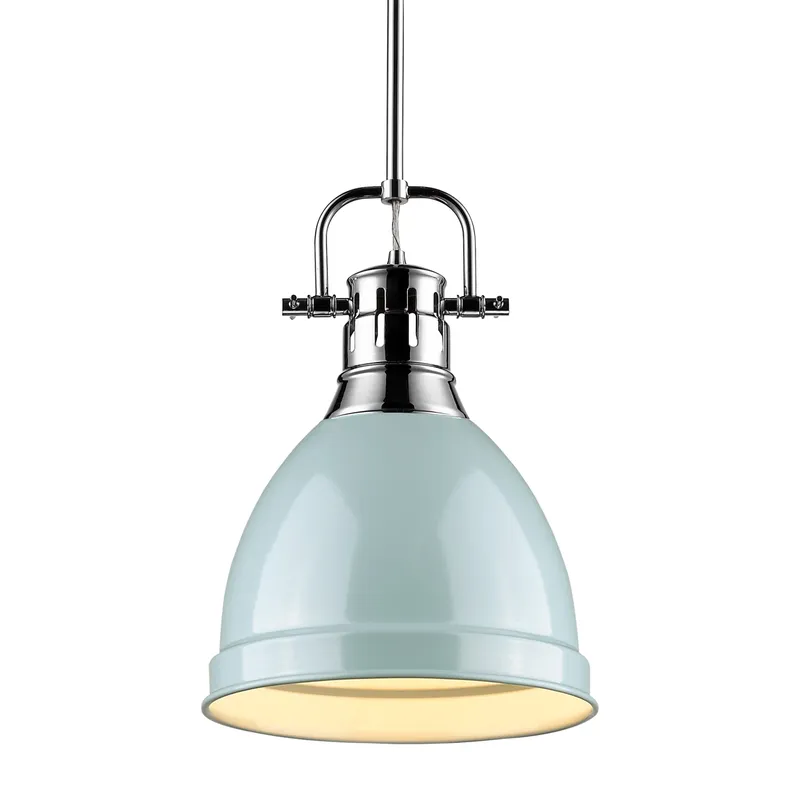 Yep by Golden Lighting Duncan 1-light 9in Rod Hung Pendant in Chrome and Seafoam shade — Golden Lighting LED Pendant Lights 100.0W 