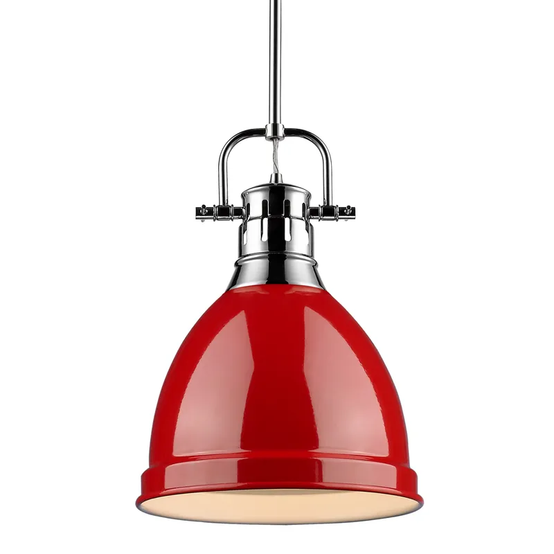 Yep by Golden Lighting Duncan 1-light 9in Rod Hung Pendant in Chrome and Red shade — Golden Lighting LED Pendant Lights 100.0W 