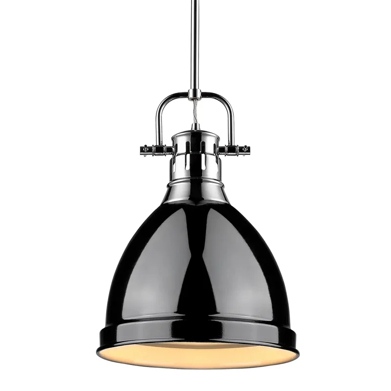 Yep by Golden Lighting Duncan 1-light 9in Rod Hung Pendant in Chrome and Black shade — Golden Lighting LED Pendant Lights  