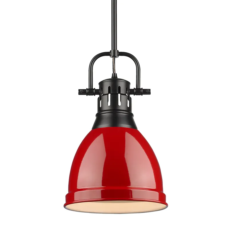 Yep by Golden Lighting Duncan 1-light 9in Rod Hung Pendant in Matte Black and Red shade — Golden Lighting LED Pendant Lights  