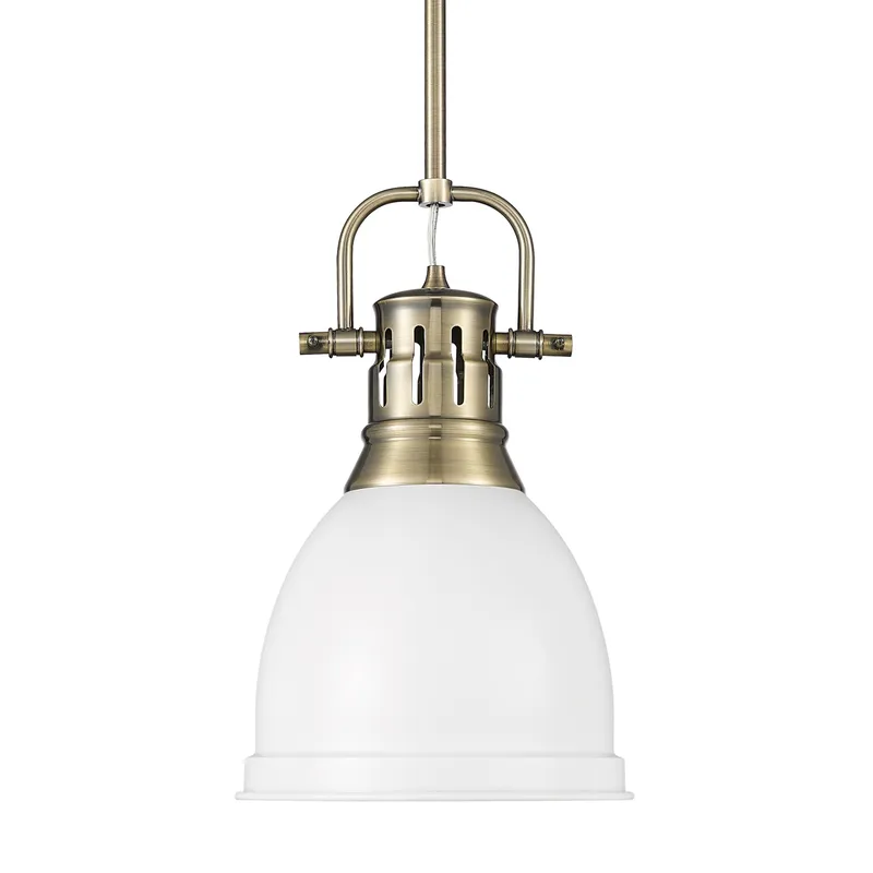 Yep by Golden Lighting Duncan 1-light 9in Rod Hung Pendant in Aged Brass and Matte White shade — Golden Lighting LED Pendant Lights 100.0W 