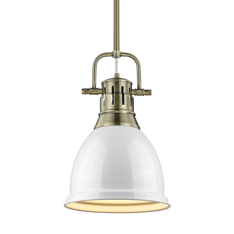 Yep by Golden Lighting Duncan 1-light 9in Rod Hung Pendant in Aged Brass and White shade — Golden Lighting LED Pendant Lights  