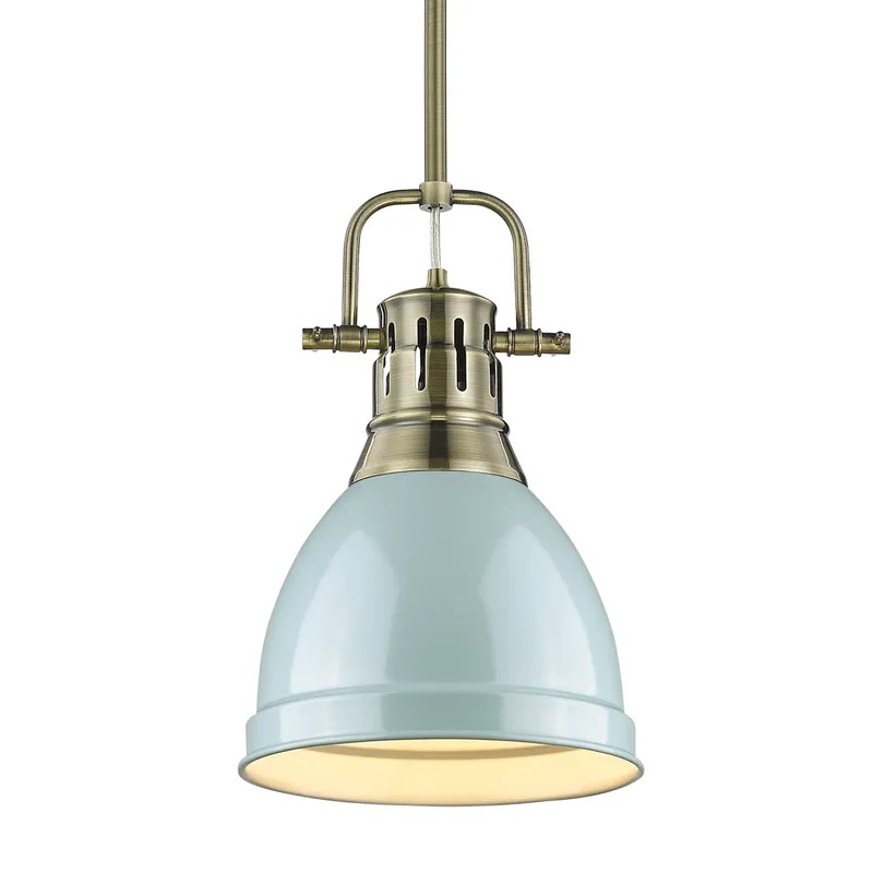 Yep by Golden Lighting Duncan 1-light 9in Rod Hung Pendant in Aged Brass and Seafoam shade — Golden Lighting LED Pendant Lights  