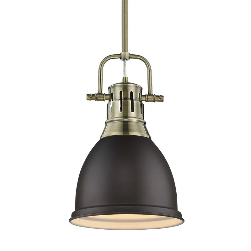 Yep by Golden Lighting Duncan 1-light 9in Rod Hung Pendant in Aged Brass and Rubbed Bronze shade — Golden Lighting LED Pendant Lights  
