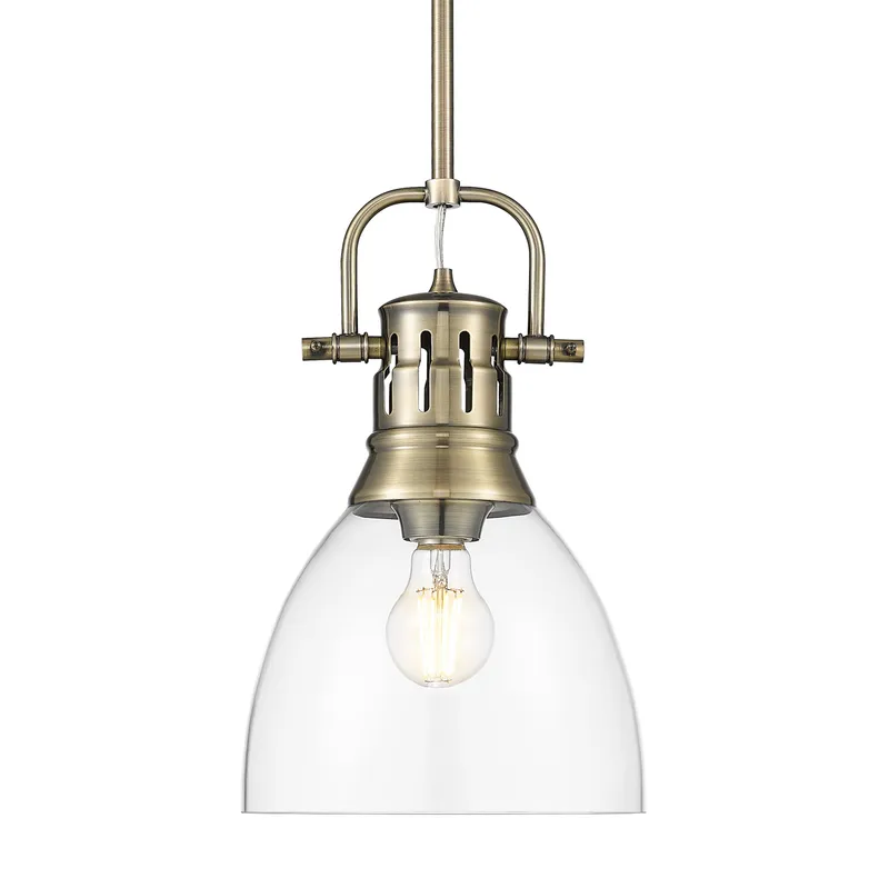 Yep by Golden Lighting Duncan 1-light 9in rod hung Pendant in Aged Brass and Clear Glass — Golden Lighting LED Pendant Lights 100.0W 