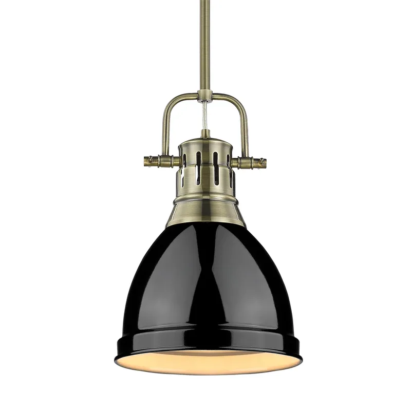 Yep by Golden Lighting Duncan 1-light 9in Rod Hung Pendant in Aged Brass and Black shade — Golden Lighting LED Pendant Lights  