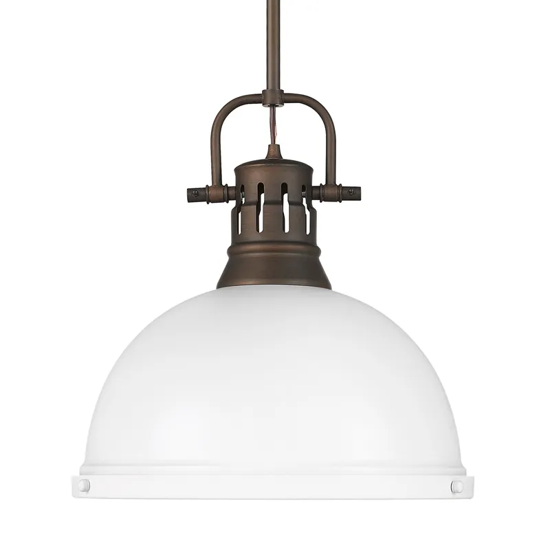 Yep by Golden Lighting Duncan 1-light 14in Rod Hung Pendant in Rubbed Bronze and Matte White shade — Golden Lighting LED Pendant Lights 100.0W 