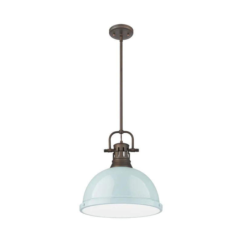 Yep by Golden Lighting Duncan 1-light 14in Rod Hung Pendant in Rubbed Bronze and Seafoam shade — Golden Lighting LED Pendant Lights  