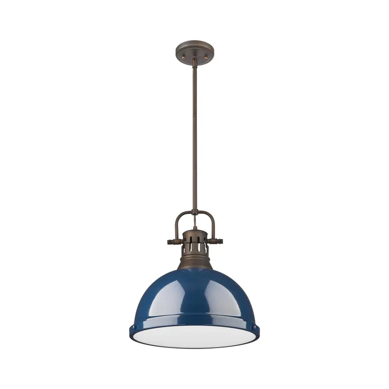 Yep by Golden Lighting Duncan 1-light 14in Rod Hung Pendant in Rubbed Bronze and Navy Blue shade — Golden Lighting LED Pendant Lights  