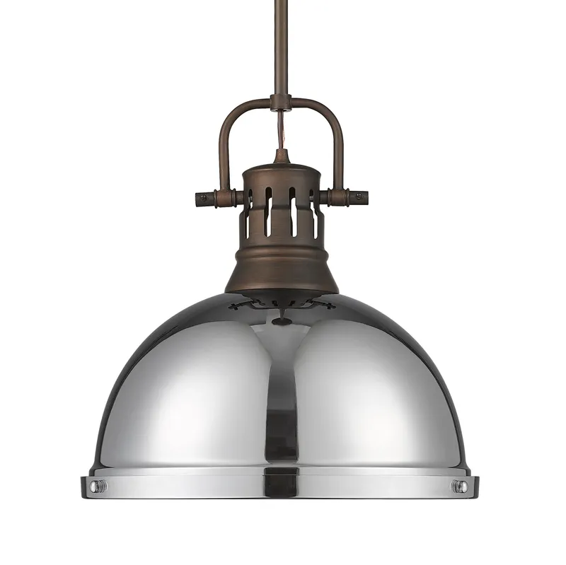 Yep by Golden Lighting Duncan 1-light 14in Rod Hung Pendant in Rubbed Bronze and Chrome shade — Golden Lighting LED Pendant Lights  
