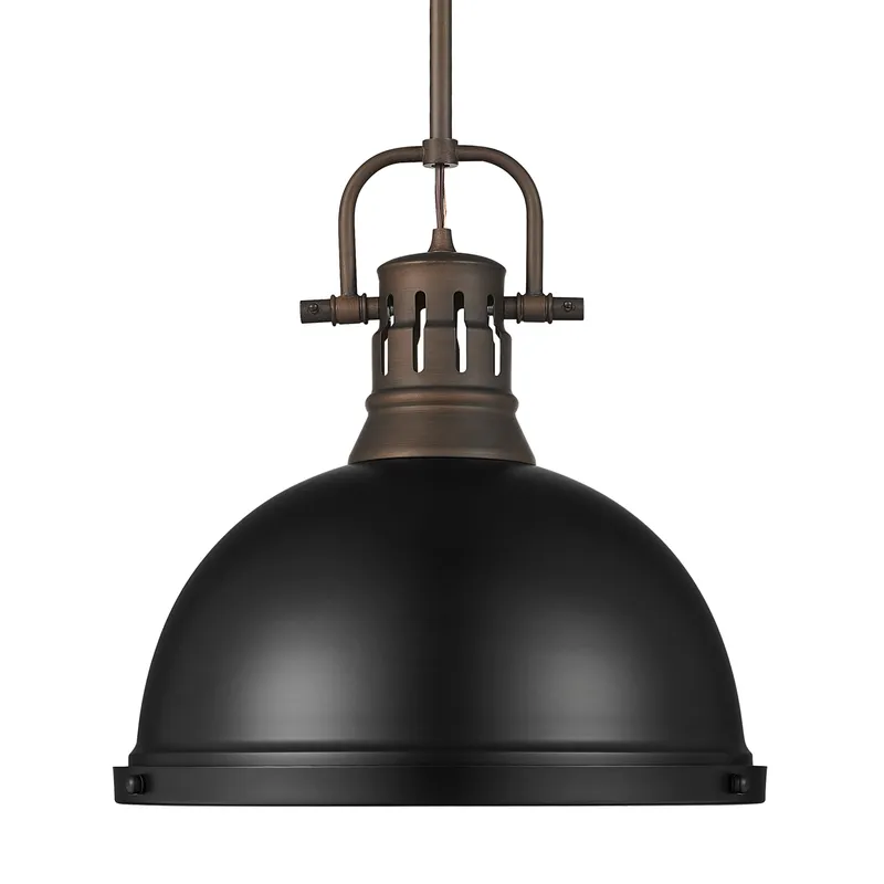 Yep by Golden Lighting Duncan 1-light 14in Rod Hung Pendant in Rubbed Bronze and Matte Black shade — Golden Lighting LED Pendant Lights 100.0W 