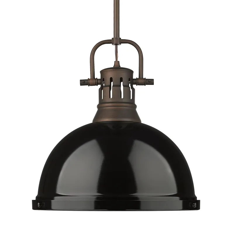 Yep by Golden Lighting Duncan 1-light 14in Rod Hung Pendant in Rubbed Bronze and Black shade — Golden Lighting LED Pendant Lights  