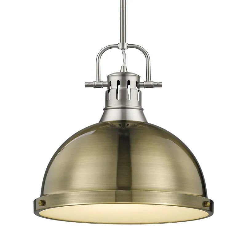 Yep by Golden Lighting Duncan 1-light 14in Rod Hung Pendant in Pewter and Aged Brass shade — Golden Lighting LED Pendant Lights  