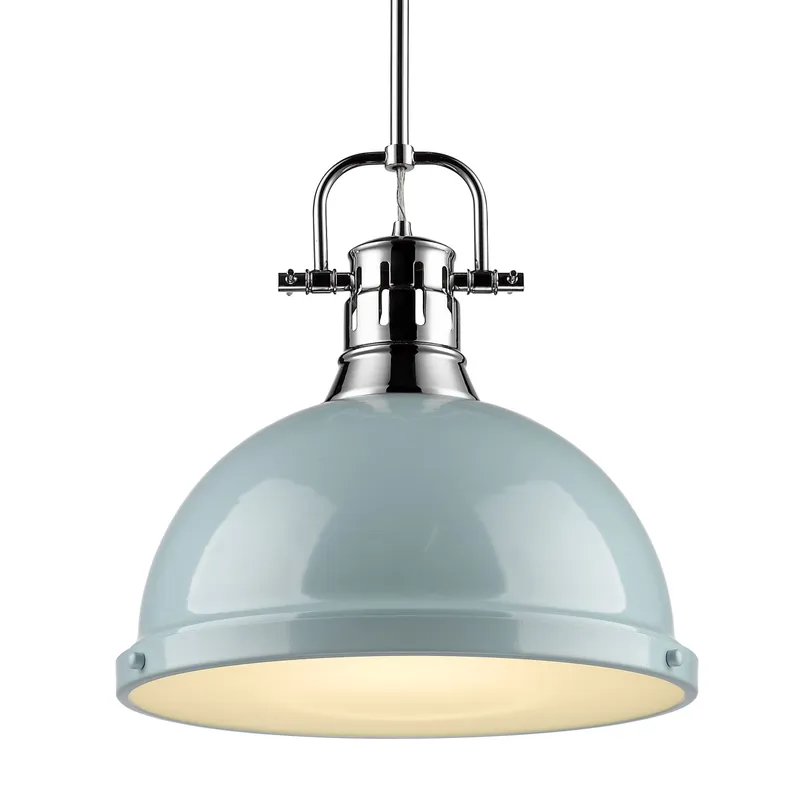 Yep by Golden Lighting Duncan 1-light 14in Rod Hung Pendant in Chrome and Seafoam shade — Golden Lighting LED Pendant Lights  