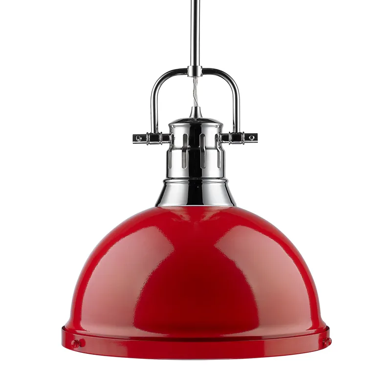 Yep by Golden Lighting Duncan 1-light 14in Rod Hung Pendant in Chrome and Red shade — Golden Lighting LED Pendant Lights  