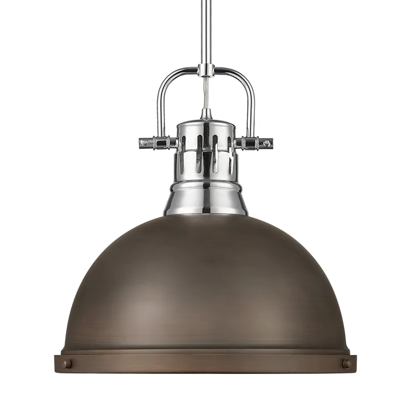 Yep by Golden Lighting Duncan 1-light 14in Rod Hung Pendant in Chrome and Rubbed Bronze shade — Golden Lighting LED Pendant Lights  