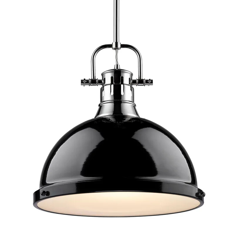 Yep by Golden Lighting Duncan 1-light 14in Rod Hung Pendant in Chrome and Black shade — Golden Lighting LED Pendant Lights  